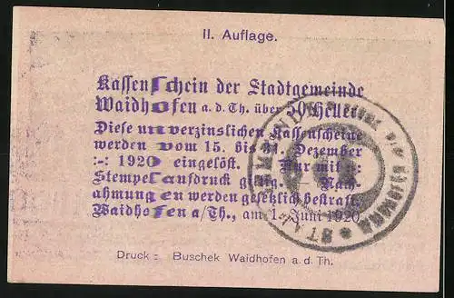 Notgeld Waidhofen an der Thaya 1920, 50 Heller, Stadtansicht mit Kirche und Fluss, lila Druck