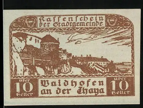 Notgeld Waidhofen an der Thaya 1920, 10 Heller, Stadtansicht mit Burg und Landschaft