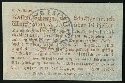 Notgeld Waidhofen an der Thaya 1920, 10 Heller, Stadtansicht mit Burg und Landschaft