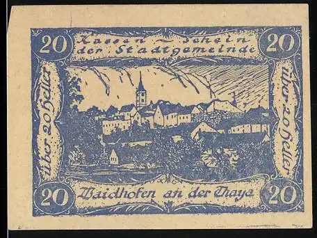 Notgeld Waidhofen an der Thaya 1920, 20 Heller, Stadtansicht mit Kirchturm und Landschaft