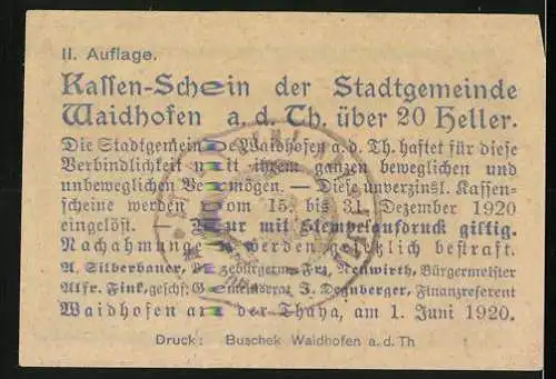 Notgeld Waidhofen an der Thaya 1920, 20 Heller, Stadtansicht mit Kirchturm und Landschaft