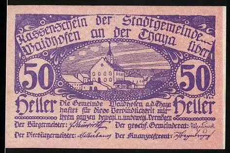 Notgeld Waidhofen an der Thaya 1920, 50 Heller, Stadtansicht mit Kirche, Text und Seriennummer