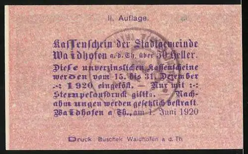 Notgeld Waidhofen an der Thaya 1920, 50 Heller, Stadtansicht mit Kirche, Text und Seriennummer