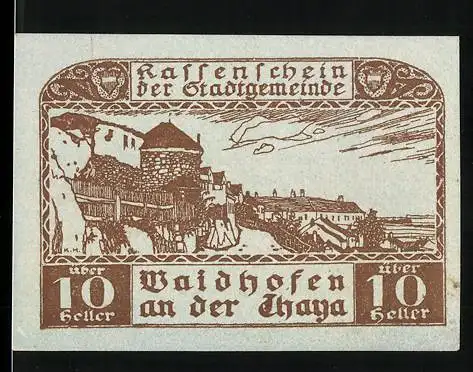 Notgeld Waidhofen an der Thaya 1920, 10 Heller, Landschaft mit Stadtmauer und Turm