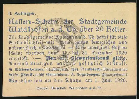 Notgeld Waidhofen an der Thaya 1920, 20 Heller, Stadtansicht und Text zur Gültigkeit