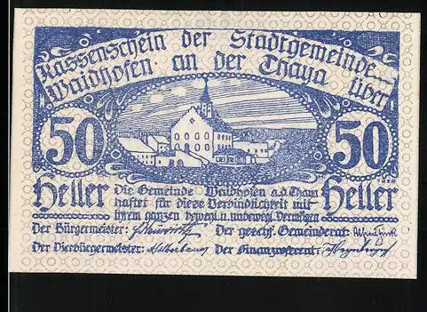 Notgeld Waidhofen an der Thaya 1920, 50 Heller, Stadtansicht mit Kirche