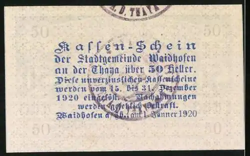 Notgeld Waidhofen an der Thaya 1920, 50 Heller, Stadtansicht mit Kirche