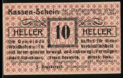 Notgeld Waidhofen an der Thaya 1920, 10 Heller, florales Muster und Textmotiv