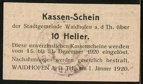 Notgeld Waidhofen an der Thaya 1920, 10 Heller, florales Muster und Textmotiv