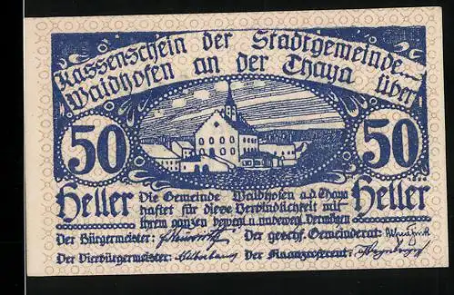 Notgeld Waidhofen an der Thaya 1920, 50 Heller, Stadtansicht mit Kirche, Serienschein mit Stempel