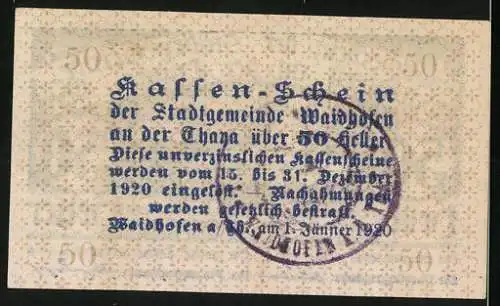 Notgeld Waidhofen an der Thaya 1920, 50 Heller, Stadtansicht mit Kirche, Serienschein mit Stempel