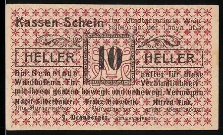 Notgeld Waidhofen an der Thaya 1920, 10 Heller, stilisiertes Wappen und florale Muster