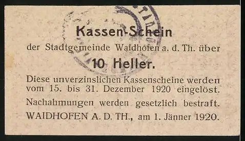 Notgeld Waidhofen an der Thaya 1920, 10 Heller, stilisiertes Wappen und florale Muster