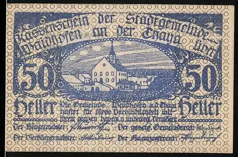 Notgeld Waidhofen an der Thaya 1920, 50 Heller, Stadtansicht mit Fluss und Gebäude