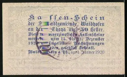 Notgeld Waidhofen an der Thaya 1920, 50 Heller, Stadtansicht mit Fluss und Gebäude