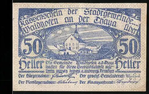 Notgeld Waidhofen an der Thaya 1920, 50 Heller, Stadtansicht mit Kirche und Fluss