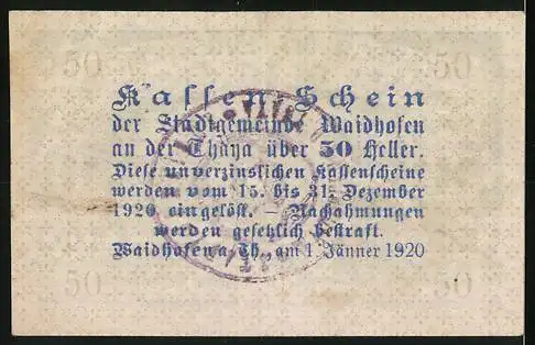 Notgeld Waidhofen an der Thaya 1920, 50 Heller, Stadtansicht mit Kirche und Fluss