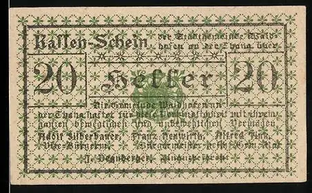 Notgeld Waidhofen a. d. Thaya 1920, 20 Heller, Textmotiv mit Stempel und floraler Verzierung