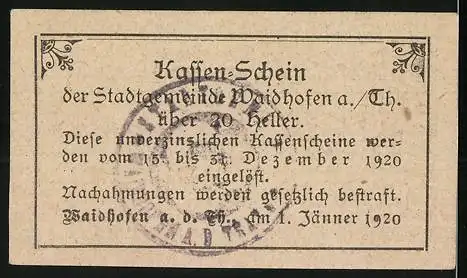 Notgeld Waidhofen a. d. Thaya 1920, 20 Heller, Textmotiv mit Stempel und floraler Verzierung