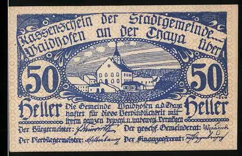 Notgeld Waidhofen an der Thaya 1920, 50 Heller, Stadtansicht und Textmotiv