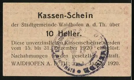 Notgeld Waidhofen an der Thaya 1920, 10 Heller, florales Motiv und Gemeindesiegel