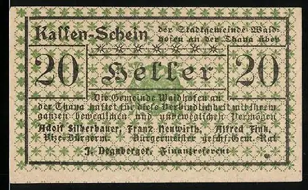 Notgeld Waidhofen an der Thaya 1920, 20 Heller, textuelle Gestaltung mit Sternenmuster