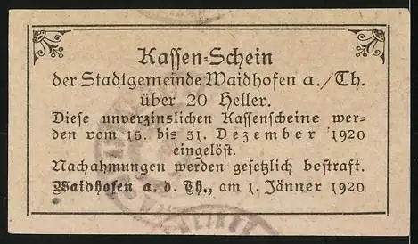 Notgeld Waidhofen an der Thaya 1920, 20 Heller, textuelle Gestaltung mit Sternenmuster