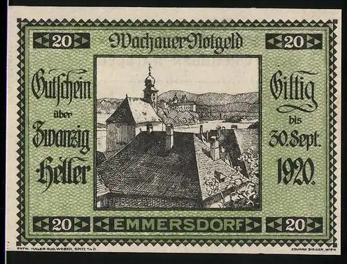 Notgeld Spitz a.d. Donau 1920, 20 Heller, Emmersdorf mit Kirche und Landschaft