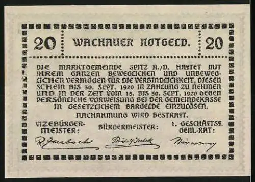 Notgeld Spitz a.d. Donau 1920, 20 Heller, Emmersdorf mit Kirche und Landschaft