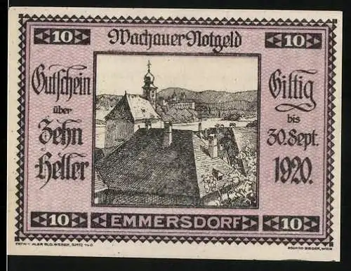 Notgeld Spitz a.d. Donau 1920, 10 Heller, Emmersdorf mit Kirche, gültig bis 30. September 1920