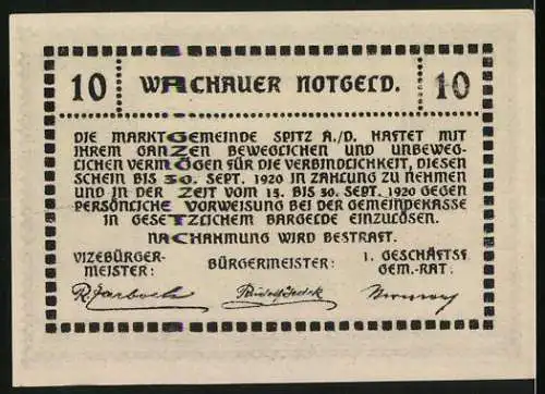 Notgeld Spitz a.d. Donau 1920, 10 Heller, Emmersdorf mit Kirche, gültig bis 30. September 1920