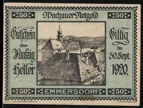 Notgeld Spitz a.d. Donau 1920, 50 Heller, Stadtansicht mit Kirche und Dächern, gültig bis 30. Sept. 1920