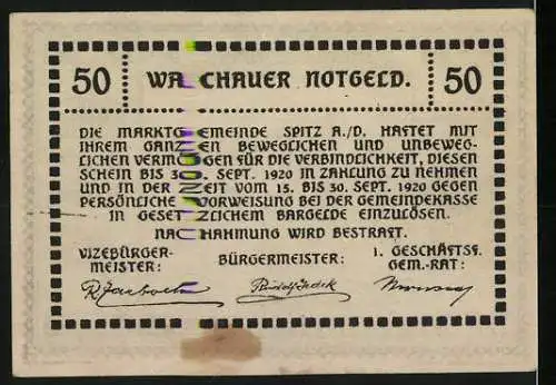 Notgeld Spitz a.d. Donau 1920, 50 Heller, Stadtansicht mit Kirche und Dächern, gültig bis 30. Sept. 1920