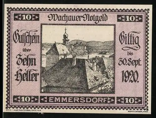 Notgeld Spitz a.d. Donau 1920, 10 Heller, Dorfansicht mit Kirche und umliegender Landschaft