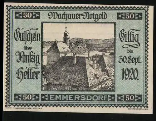 Notgeld Spitz a.d. Donau 1920, 50 Heller, Landschaft mit Kirche und Dächern, gültig bis 30. Sept. 1920