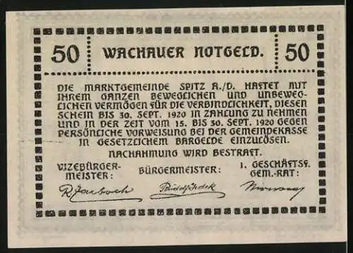 Notgeld Spitz a.d. Donau 1920, 50 Heller, Landschaft mit Kirche und Dächern, gültig bis 30. Sept. 1920