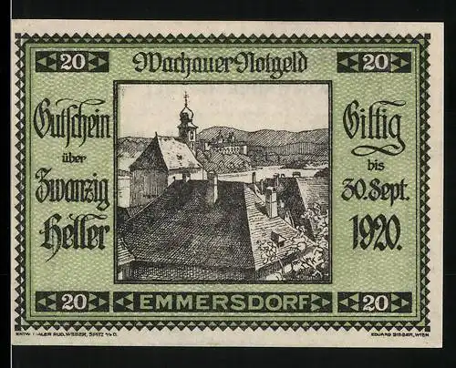 Notgeld Spitz a.d. Donau 1920, 20 Heller, Dachlandschaft mit Kirchturm im Hintergrund