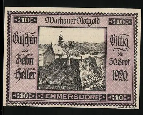 Notgeld Spitz a.d. Donau 1920, 10 Heller, Stadtansicht mit Kirche und Landschaft