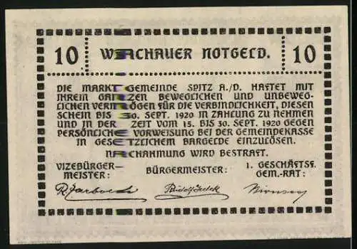 Notgeld Spitz a.d. Donau 1920, 10 Heller, Stadtansicht mit Kirche und Landschaft