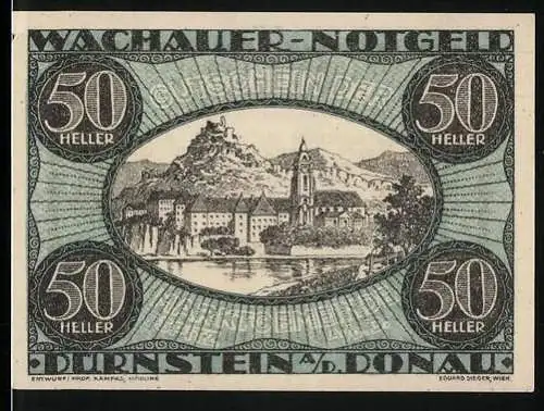 Notgeld Spitz a.d. Donau 1920, 50 Heller, Dürnstein und Donau Landschaftsmotiv