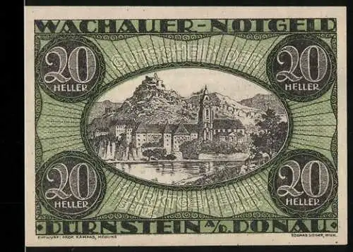 Notgeld Spitz a.d. Donau 1920, 20 Heller, Dürnstein an der Donau mit Burgruine und Kirche