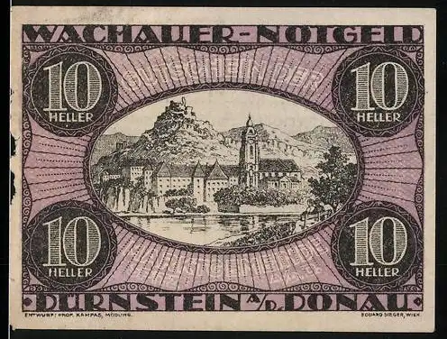 Notgeld Spitz a.d. Donau 1920, 10 Heller, Dürnstein an der Donau, Landschaftsansicht mit Burg und Kloster