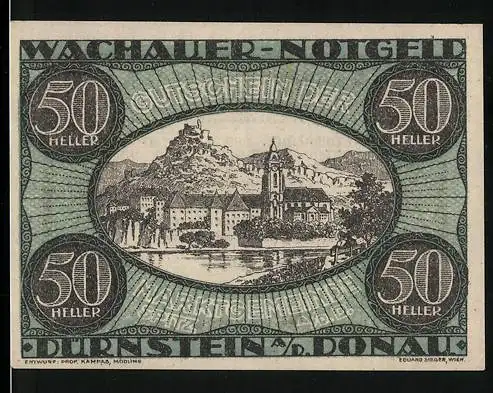 Notgeld Spitz an der Donau 1920, 50 Heller, Burgruine und Kirche an der Donau, Wachauer Notgeld