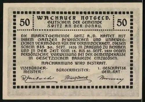 Notgeld Spitz an der Donau 1920, 50 Heller, Burgruine und Kirche an der Donau, Wachauer Notgeld