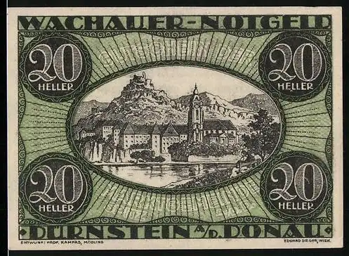 Notgeld Spitz a.d. Donau 1920, 20 Heller, Stadtansicht mit Burg und Kirche an der Donau