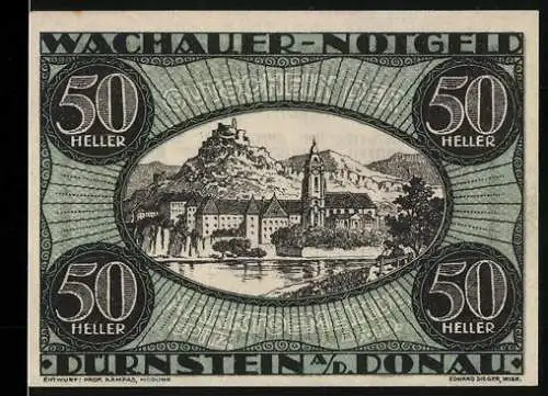 Notgeld Spitz a.d. Donau 1920, 50 Heller, Landschaft mit Burg und Kirche