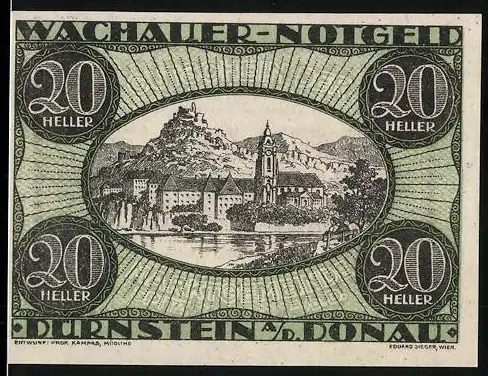 Notgeld Spitz a.d. Donau 1920, 20 Heller, Stadtansicht mit Burg und Kirche