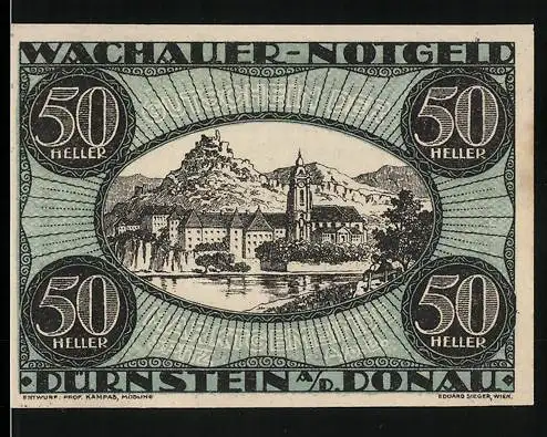 Notgeld Spitz a.d. Donau 1920, 50 Heller, Ansicht von Dürnstein und Donau, Wachauer Notgeld