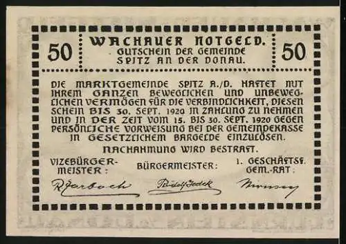 Notgeld Spitz a.d. Donau 1920, 50 Heller, Ansicht von Dürnstein und Donau, Wachauer Notgeld