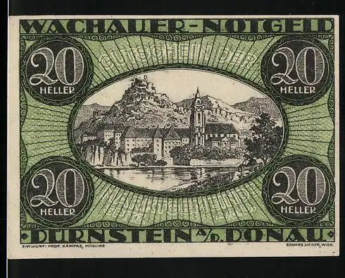 Notgeld Spitz a.d. Donau 1920, 20 Heller, Wachau-Landschaft mit Burgansicht